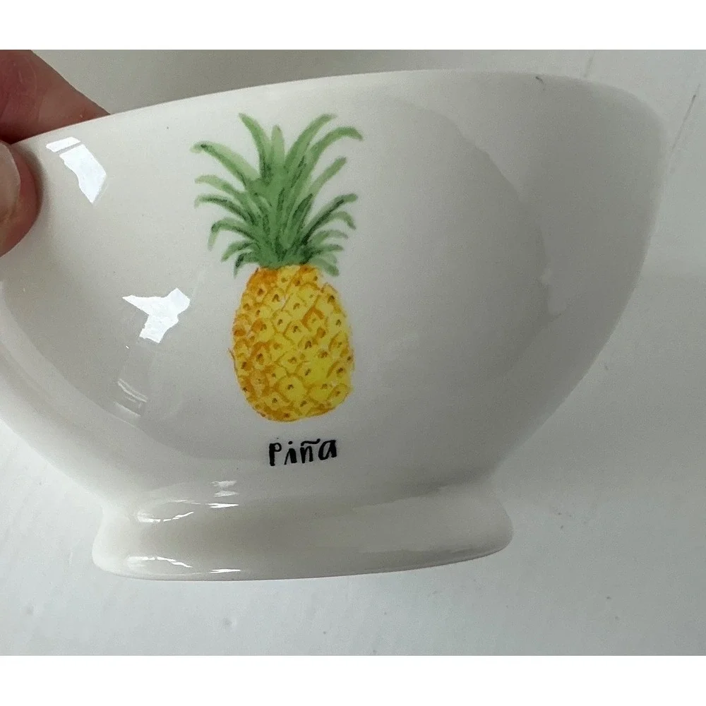 Rae Dunn Ceramic Tropical Bowls Flamingo Pineapple Set of 2 Pink Yellow Footed